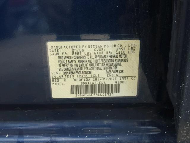 3N1AB61E99L605939 - 2009 NISSAN SENTRA 2.0 BLUE photo 10