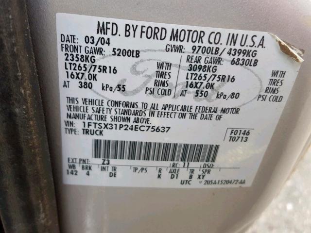 1FTSX31P24EC75637 - 2004 FORD F350 SRW S SILVER photo 10