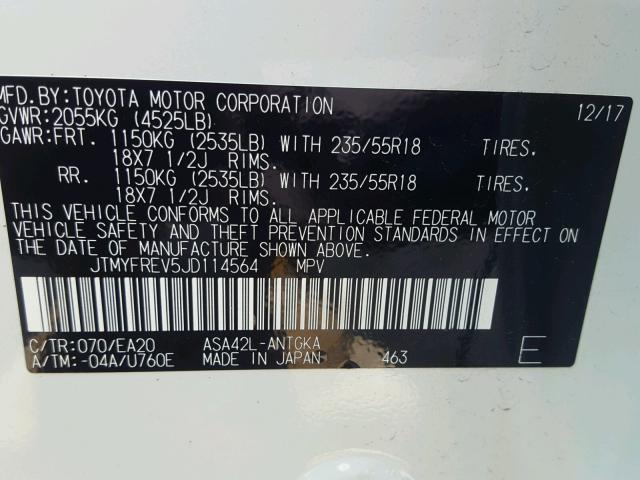 JTMYFREV5JD114564 - 2018 TOYOTA RAV4 LIMIT WHITE photo 10