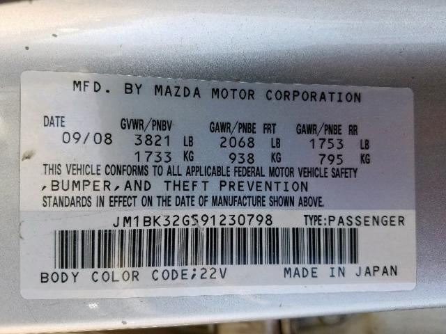 JM1BK32G591230798 - 2009 MAZDA 3 I SILVER photo 10