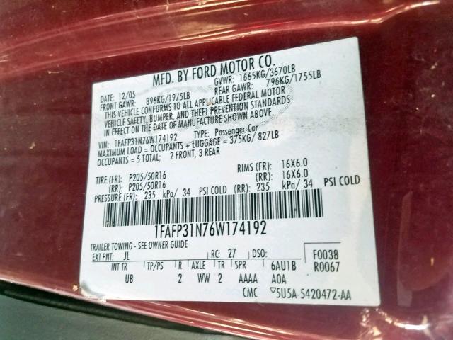 1FAFP31N76W174192 - 2006 FORD FOCUS ZX3 RED photo 10