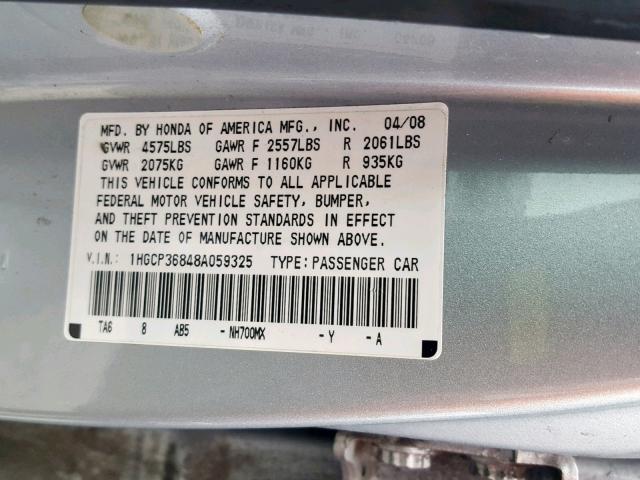 1HGCP36848A059325 - 2008 HONDA ACCORD EXL WHITE photo 10