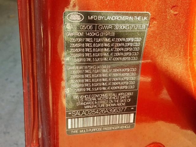 SALAD25426A396377 - 2006 LAND ROVER LR3 SE RED photo 10