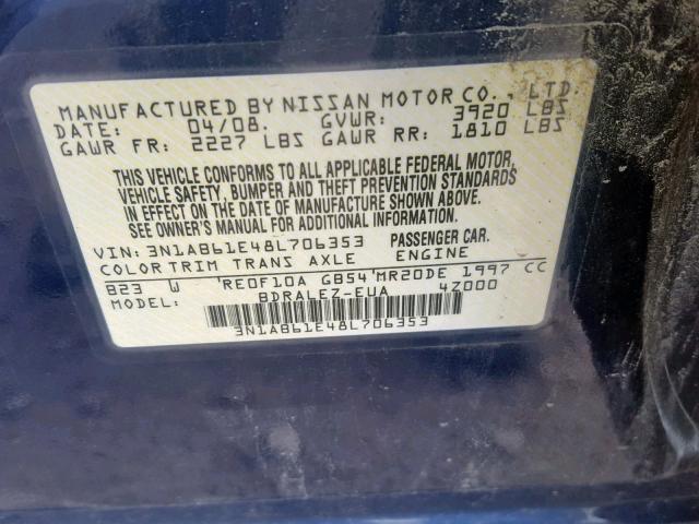 3N1AB61E48L706353 - 2008 NISSAN SENTRA 2.0 BLUE photo 10