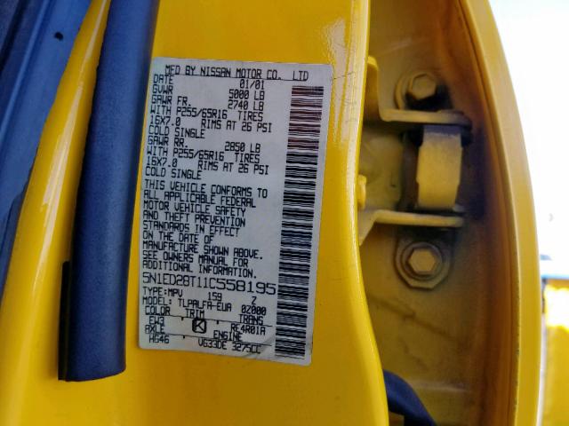 5N1ED28T11C558195 - 2001 NISSAN XTERRA XE YELLOW photo 10