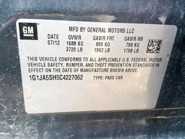 1G1JA5SH5C4227062 - 2012 CHEVROLET SONIC LS GRAY photo 10