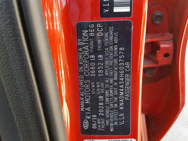 KNADM4A34H6037578 - 2017 KIA RIO LX RED photo 10