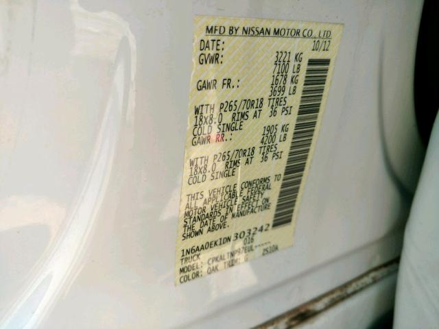 1N6AA0EK1DN303242 - 2013 NISSAN TITAN S WHITE photo 10