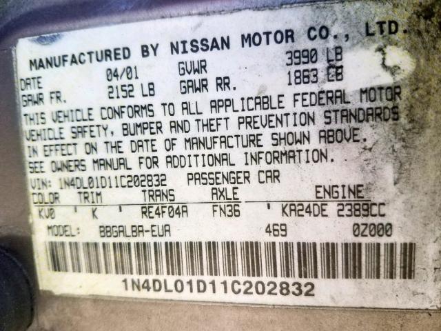 1N4DL01D11C202832 - 2001 NISSAN ALTIMA XE SILVER photo 10