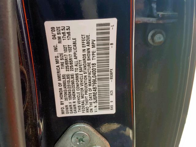 5J6RE48799L040018 - 2009 HONDA CR-V EXL BLUE photo 10