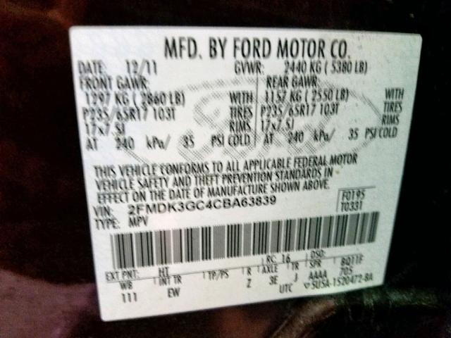 2FMDK3GC4CBA63839 - 2012 FORD EDGE SE PURPLE photo 10