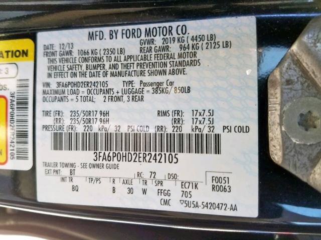 3FA6P0HD2ER242105 - 2014 FORD FUSION SE BLUE photo 10