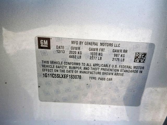 1G11C5SLXEF183078 - 2014 CHEVROLET MALIBU 1LT 银色 照片 10