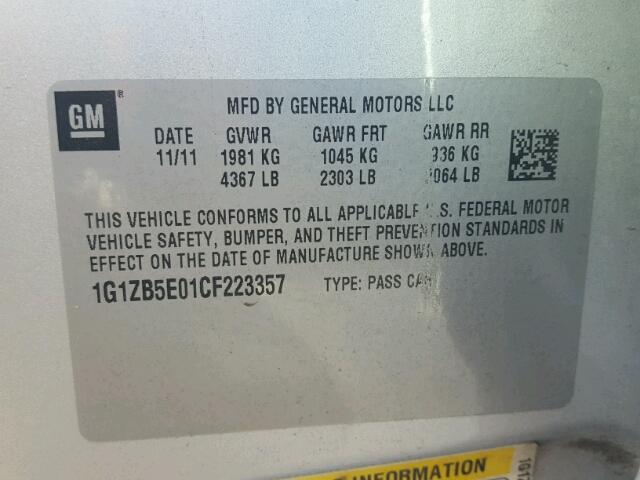 1G1ZB5E01CF223357 - 2012 CHEVROLET MALIBU LS ვერცხლისფერი ფოტო 10