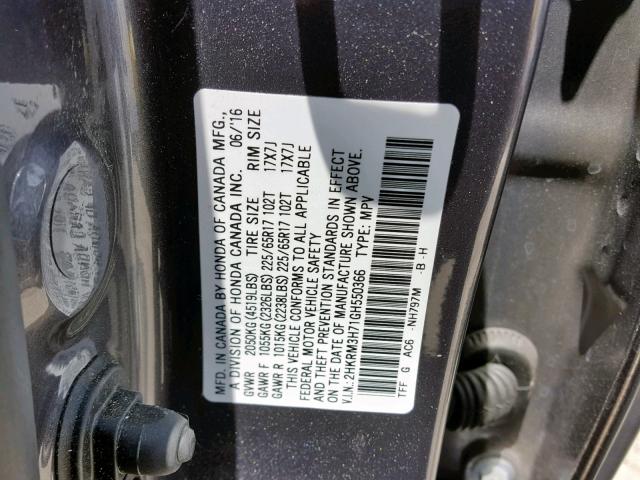 2HKRM3H71GH550366 - 2016 HONDA CR-V EXL SILVER photo 10