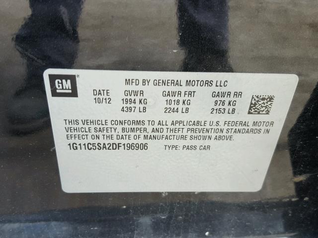 1G11C5SA2DF196906 - 2013 CHEVROLET MALIBU 1LT BLACK photo 10