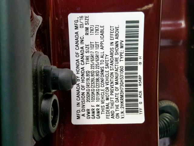 2HKRM3H73GH531060 - 2016 HONDA CR-V EXL MAROON photo 10