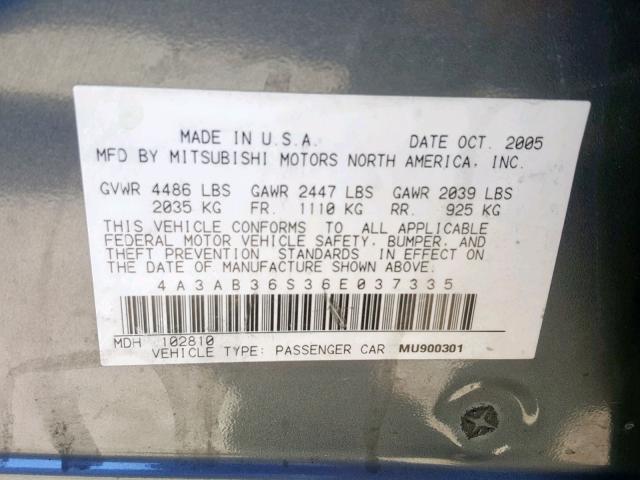 4A3AB36S36E037335 - 2006 MITSUBISHI GALANT LS GRAY photo 10