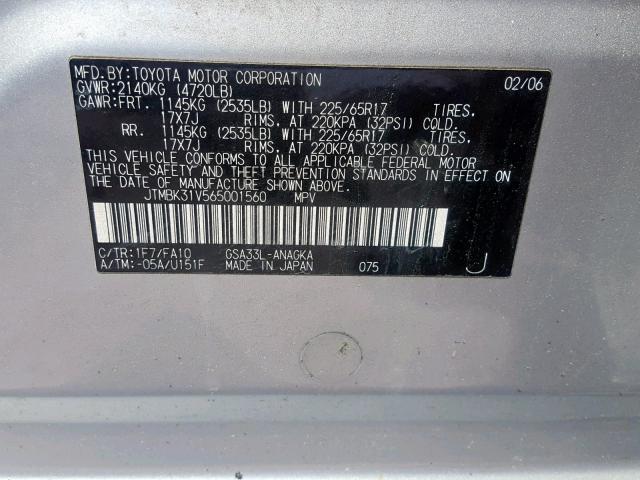 JTMBK31V565001560 - 2006 TOYOTA RAV4 LIMIT SILVER photo 10