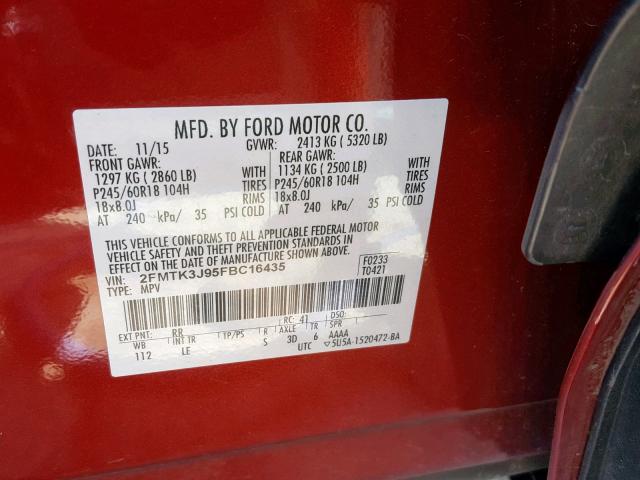 2FMTK3J95FBC16435 - 2015 FORD EDGE SEL RED photo 10