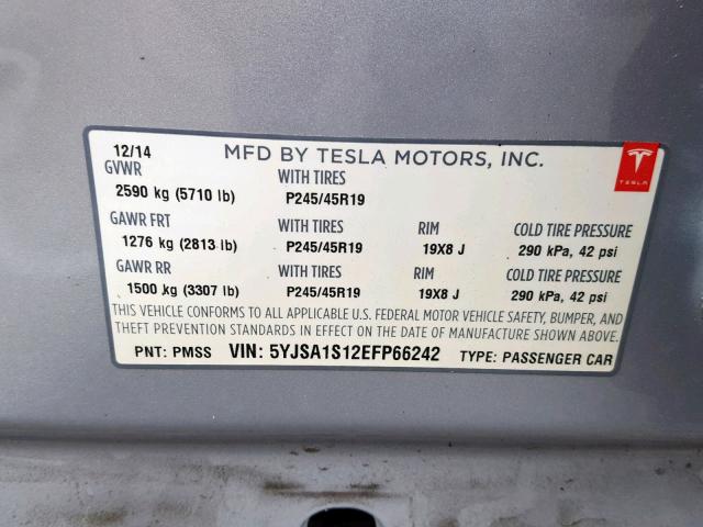 5YJSA1S12EFP66242 - 2014 TESLA MODEL S فضي صورة 10