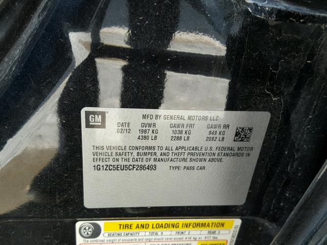 1G1ZC5EU5CF286493 - 2012 CHEVROLET MALIBU 1LT BLACK photo 10