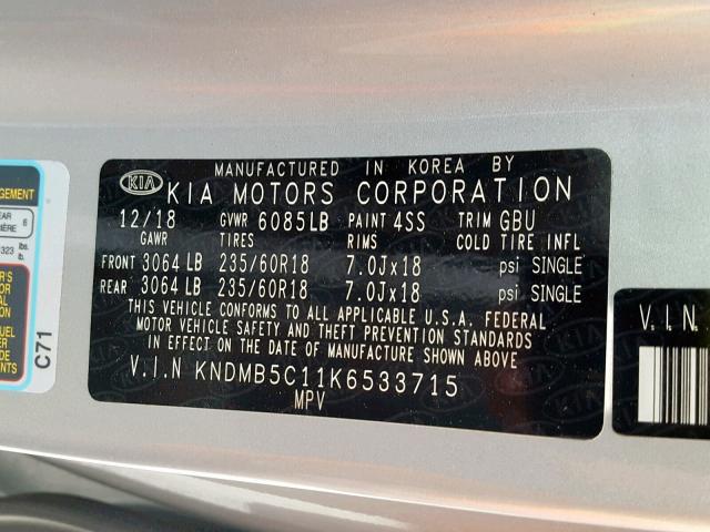 KNDMB5C11K6533715 - 2019 KIA SEDONA LX SILVER photo 10