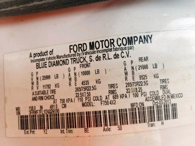 3FRWF7FL1DV026190 - 2013 FORD F750 SUPER WHITE photo 10