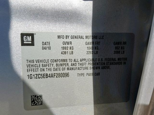 1G1ZC5EB4AF280096 - 2010 CHEVROLET MALIBU 1LT 银色 照片 10