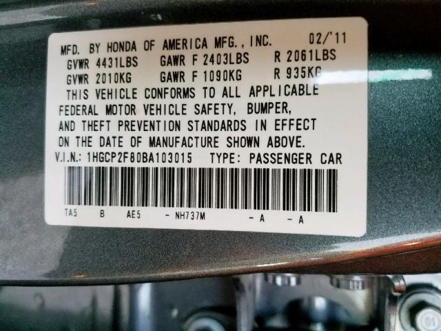 1HGCP2F80BA103015 - 2011 HONDA ACCORD EXL GRAY photo 10