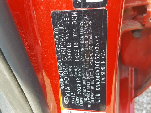 KNADM4A36D6203576 - 2013 KIA RIO LX RED photo 10