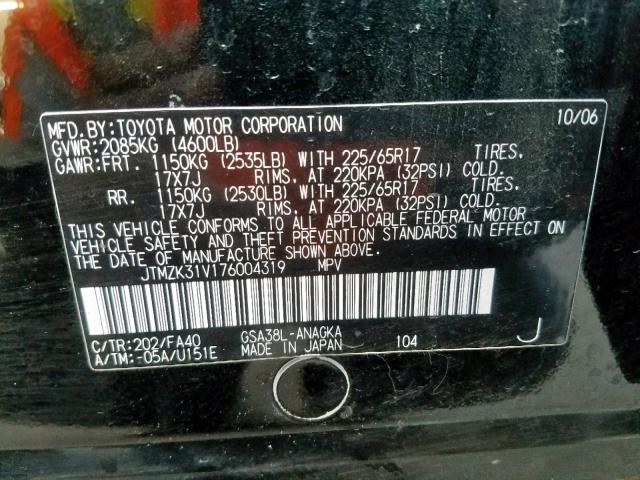 JTMZK31V176004319 - 2007 TOYOTA RAV4 LIMIT BLACK photo 10