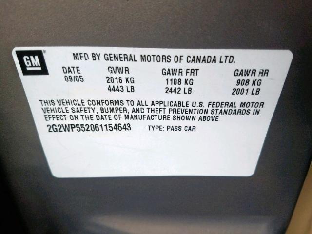 2G2WP552061154643 - 2006 PONTIAC GRAND PRIX BEIGE photo 10