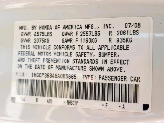 1HGCP36848A085665 - 2008 HONDA ACCORD EXL WHITE photo 10