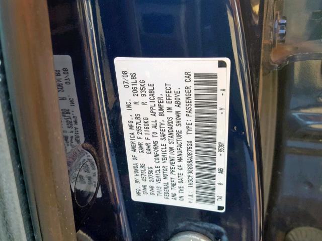 1HGCP36808A087624 - 2008 HONDA ACCORD EXL BLUE photo 10