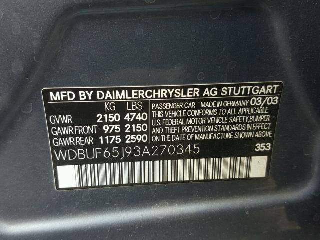 WDBUF65J93A270345 - 2003 MERCEDES-BENZ E 320 BLUE photo 10