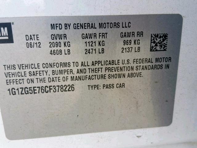 1G1ZG5E76CF378226 - 2012 CHEVROLET MALIBU LTZ თეთრი ფოტო 10