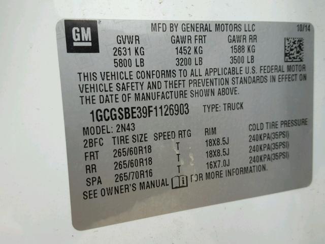 1GCGSBE39F1126903 - 2015 CHEVROLET COLORADO L WHITE photo 10