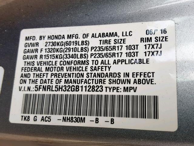 5FNRL5H32GB112823 - 2016 HONDA ODYSSEY SE SILVER photo 10