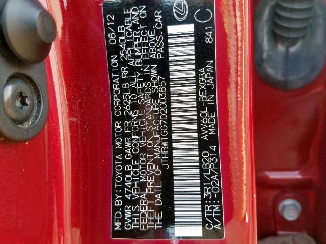 JTHBW1GG7D2003857 - 2013 LEXUS ES 300H RED photo 10