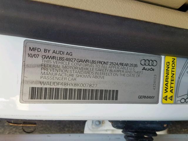 WAUDF48HX8K007827 - 2008 AUDI A4 2.0T CA WHITE photo 10