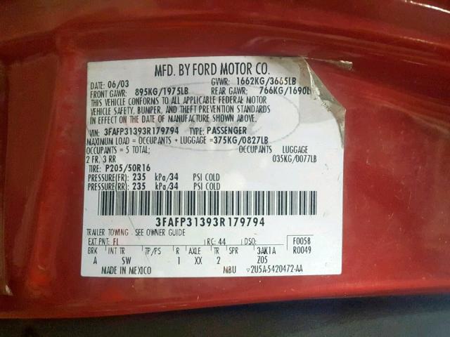 3FAFP31393R179794 - 2003 FORD FOCUS ZX3 RED photo 10