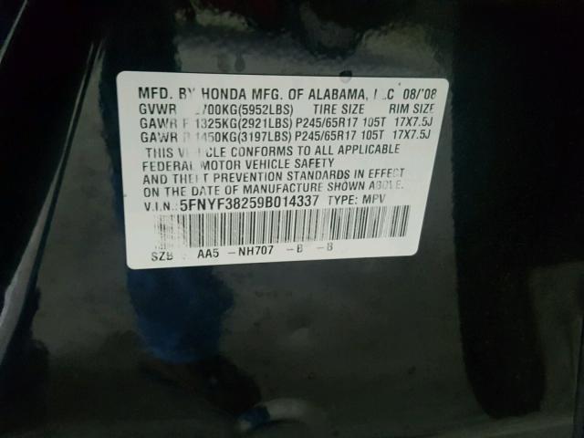 5FNYF38259B014337 - 2009 HONDA PILOT LX BLACK photo 10