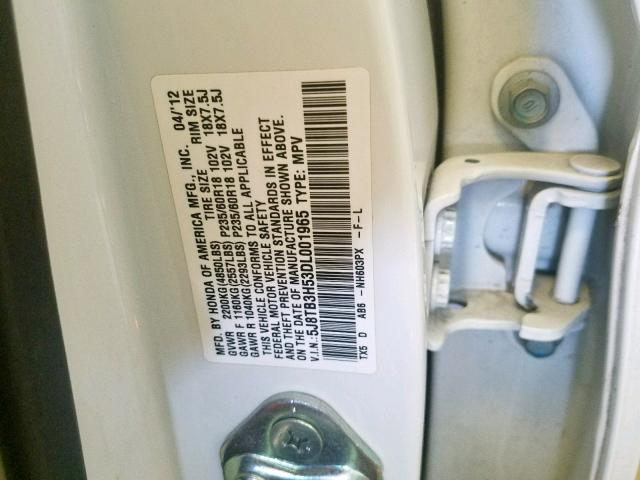 5J8TB3H53DL001965 - 2013 ACURA RDX TECHNO WHITE photo 10