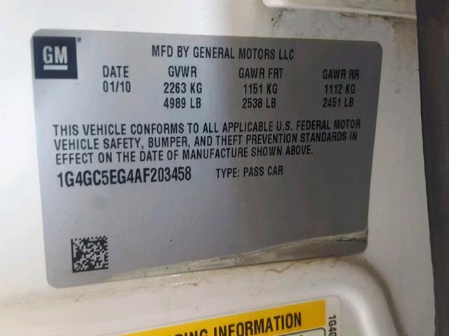 1G4GC5EG4AF203458 - 2010 BUICK LACROSSE C WHITE photo 10