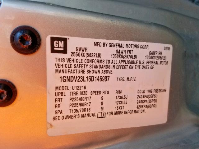 1GNDV23L16D146937 - 2006 CHEVROLET UPLANDER L SILVER photo 10