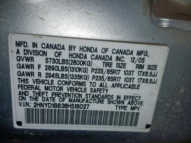 2HNYD18836H518027 - 2006 ACURA MDX TOURIN SILVER photo 10