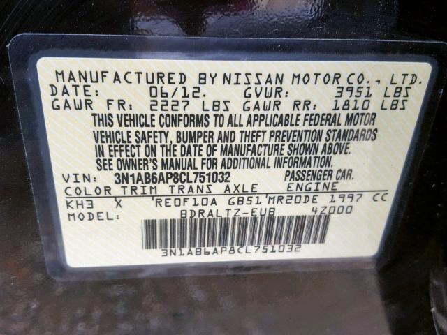 3N1AB6AP8CL751032 - 2012 NISSAN SENTRA 2.0 BLACK photo 10