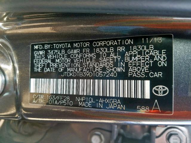 JTDKDTB39D1057240 - 2013 TOYOTA PRIUS C GRAY photo 10