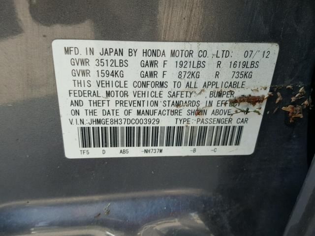 JHMGE8H37DC003929 - 2013 HONDA FIT GRAY photo 10